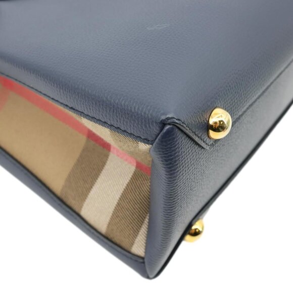 Burberry  Banner Small House Check Leather Tote Bag Navy Blue - Picture 7 of 12